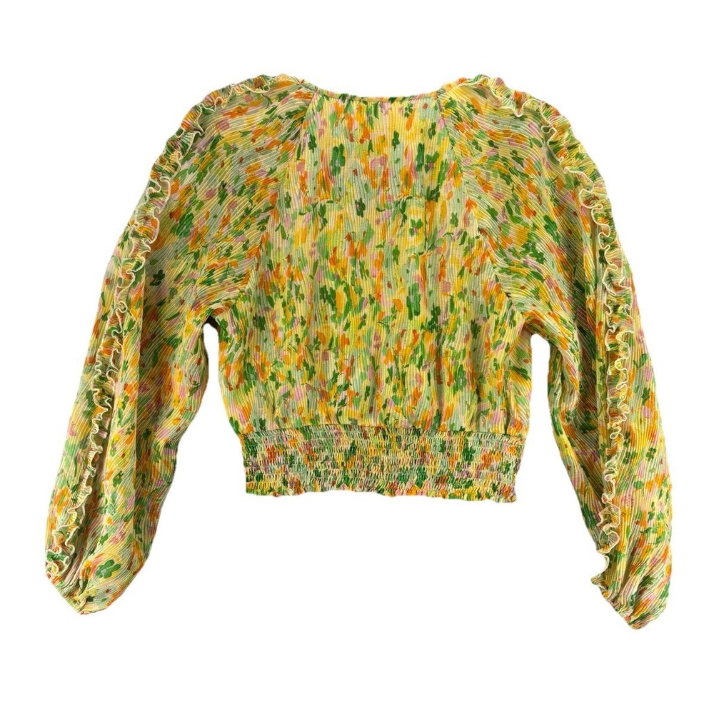 ASTR Bellona Floral Plisse Top Boho Smocked Ruffle Sheer Blouse Fairy Ethereal M - Picture 8 of 11